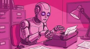 Humanoidalny robot piszący na maszynie do pisania.